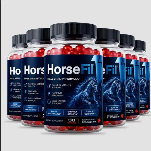 HorseFil strawberry-flavored gummies in blue-labeled bottles, from the uploaded product image
